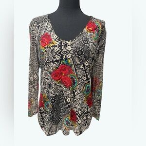 Nygard Collections Romantic Sequenced Floral  V-Neck Tunic & Net Sleeves Size M